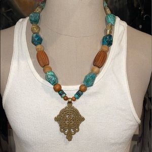 Rustic turquoise and wood necklace w/ brass cross